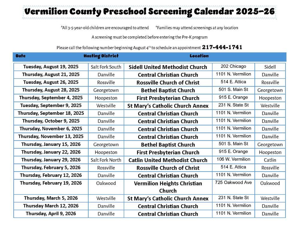  Preschool Screening calendar